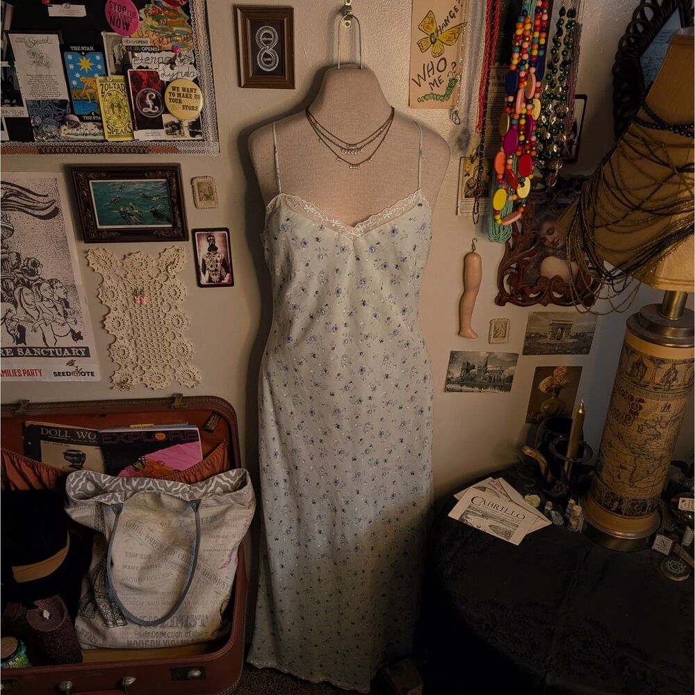 Vintage Lace Floral Print Maxi Slip Dress Women's Medium Light Blue
